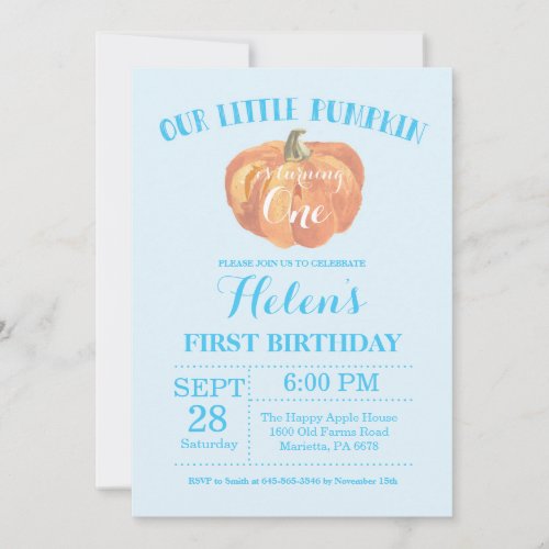 Pumpkin First Birthday Invitation Blue