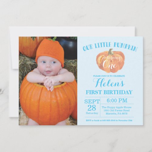 Pumpkin First Birthday Invitation Blue
