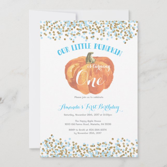 Pumpkin First Birthday Invitation Blue and Gold (Front)