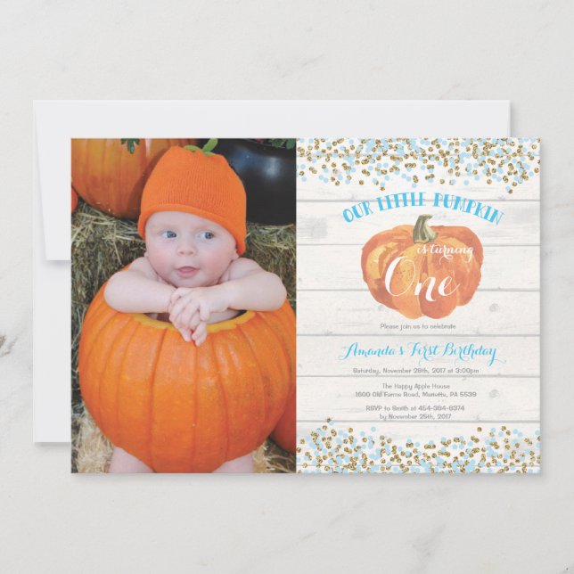 Pumpkin First Birthday Invitation Blue and Gold (Front)