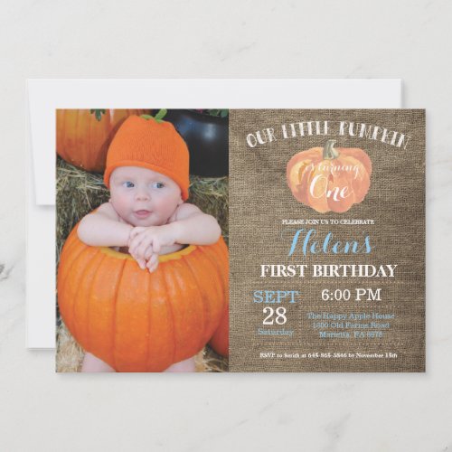 Pumpkin First Birthday Invitation Blue Burlap