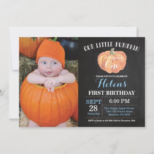 Pumpkin First Birthday Invitation Blue Chalkboard