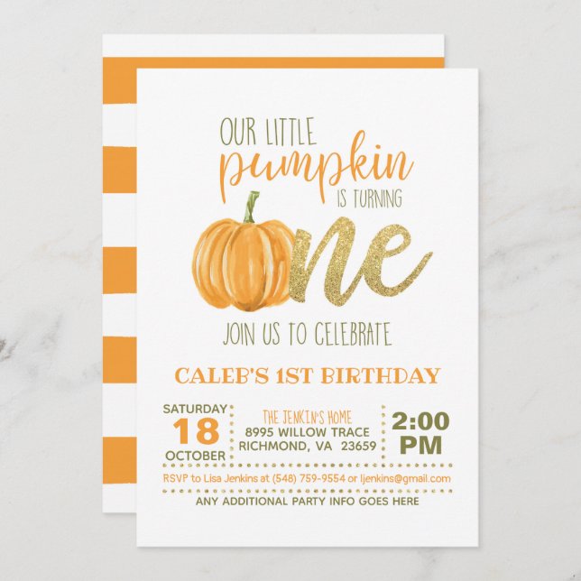Pumpkin First Birthday Invitation - Boy (Front/Back)