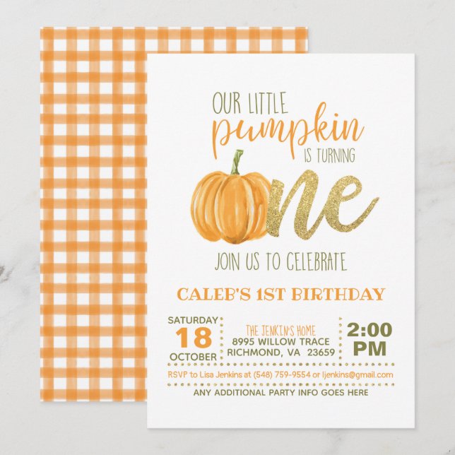 Pumpkin First Birthday Invitation - Boy #3 (Front/Back)