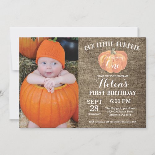 Pumpkin First Birthday Invitation Burlap