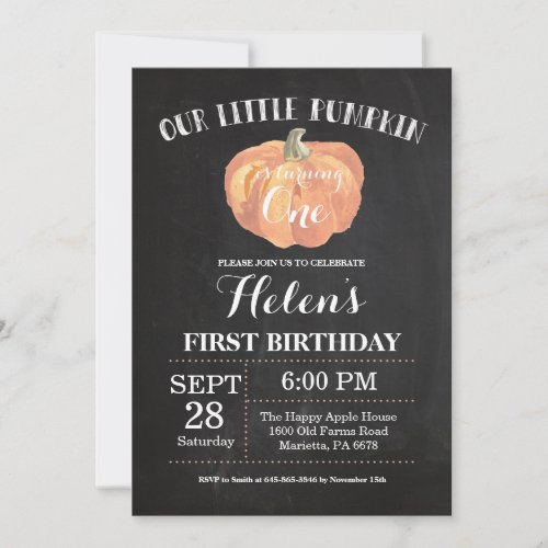 Pumpkin First Birthday Invitation Chalkboard