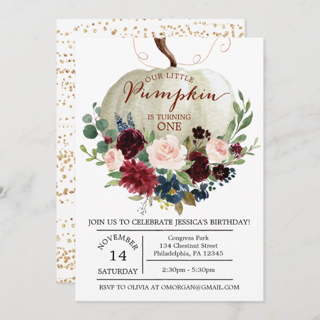 Pumpkin First Birthday Invitation - Fall Birthday (Front/Back)
