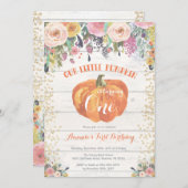 Pumpkin First Birthday Invitation Floral Gold (Front/Back)
