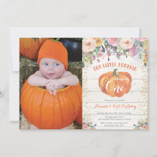 Pumpkin First Birthday Invitation Floral Gold