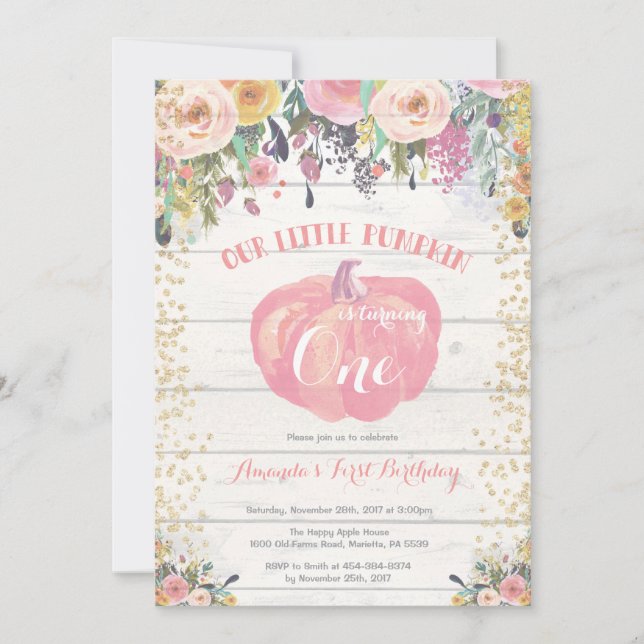 Pumpkin First Birthday Invitation Floral Gold (Front)