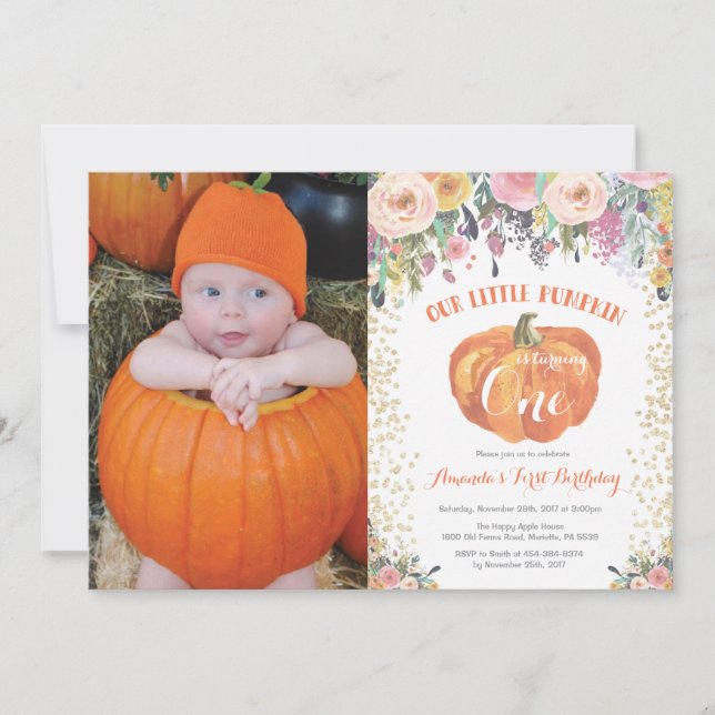 Pumpkin First Birthday Invitation Floral Gold (Front)