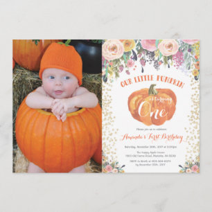 Pumpkin First Birthday Invitation Floral Gold