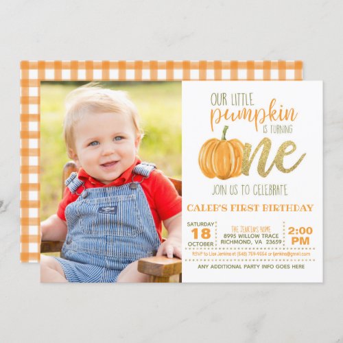 Pumpkin First Birthday Invitation for Boy wPhoto