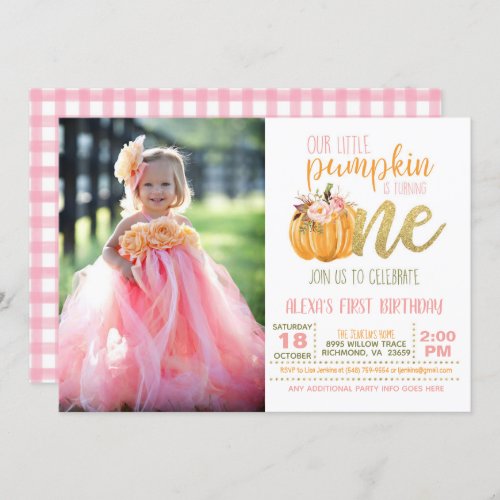 Pumpkin First Birthday Invitation for Girl wPhoto