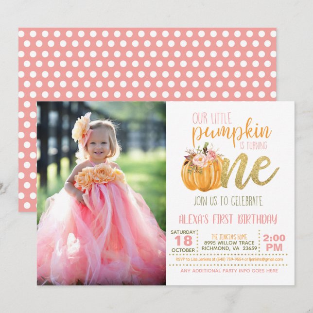 Pumpkin First Birthday Invitation for Girl w/Photo (Front/Back)