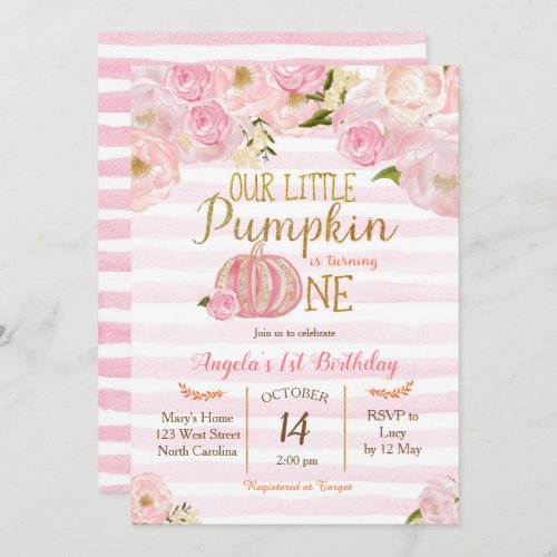 Pumpkin First Birthday Invitation Girl