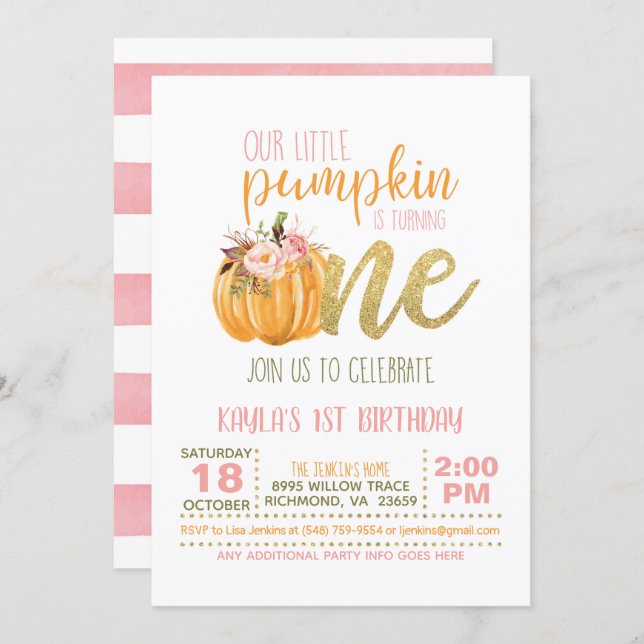 Pumpkin First Birthday Invitation - Girl (Front/Back)