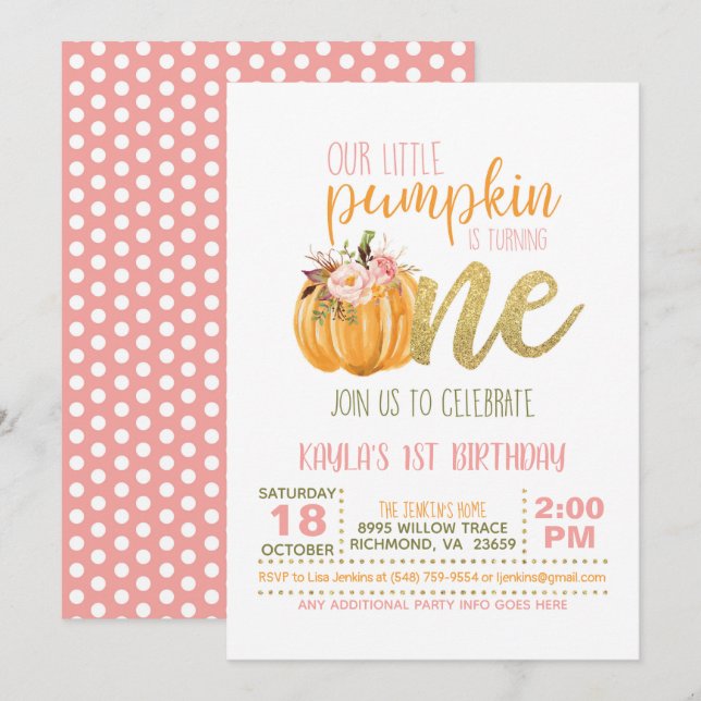 Pumpkin First Birthday Invitation - Girl #2 (Front/Back)