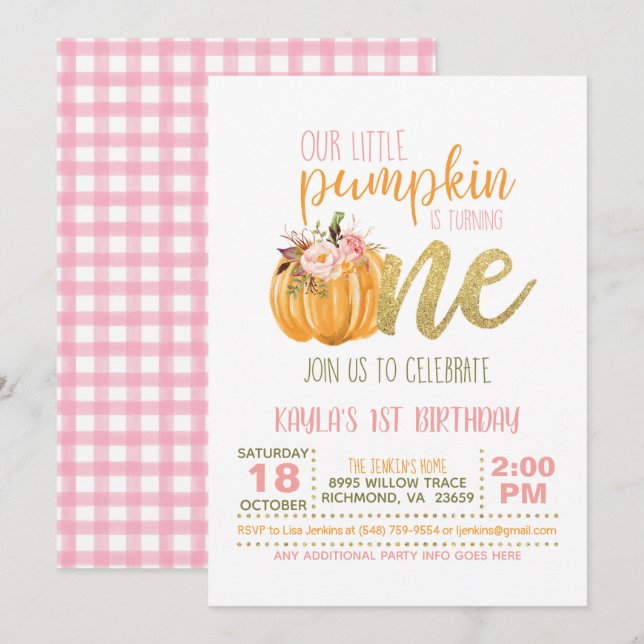 Pumpkin First Birthday Invitation - Girl #3 (Front/Back)