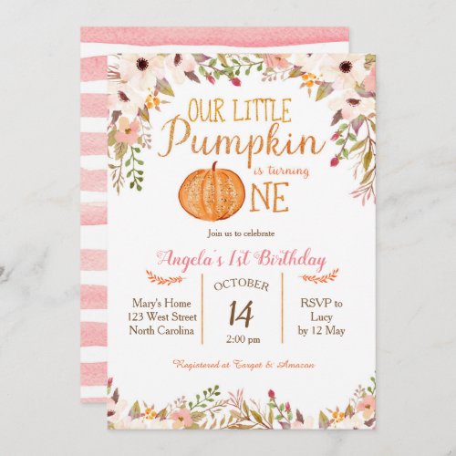 Pumpkin First Birthday Invitation Gold Glitter