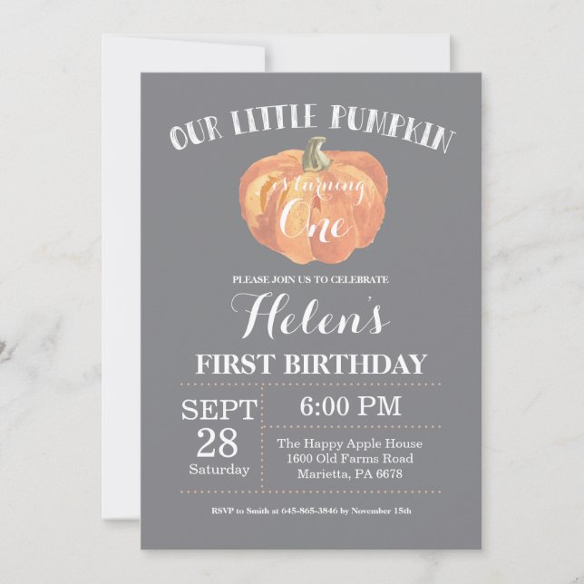 Pumpkin First Birthday Invitation Gray (Front)