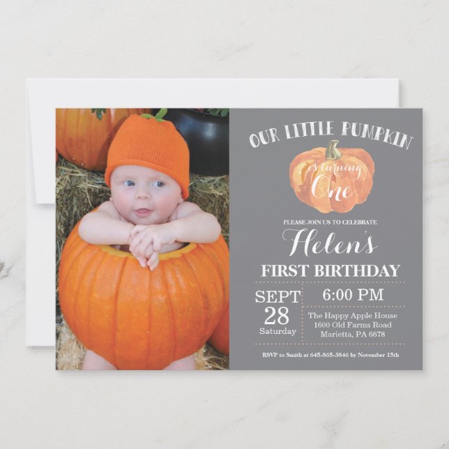 Pumpkin First Birthday Invitation Gray (Front)