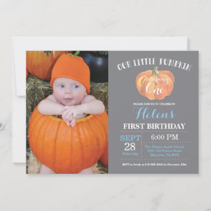 Pumpkin First Birthday Invitation Gray and Blue