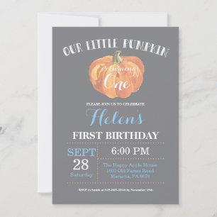 Pumpkin First Birthday Invitation Gray and Blue