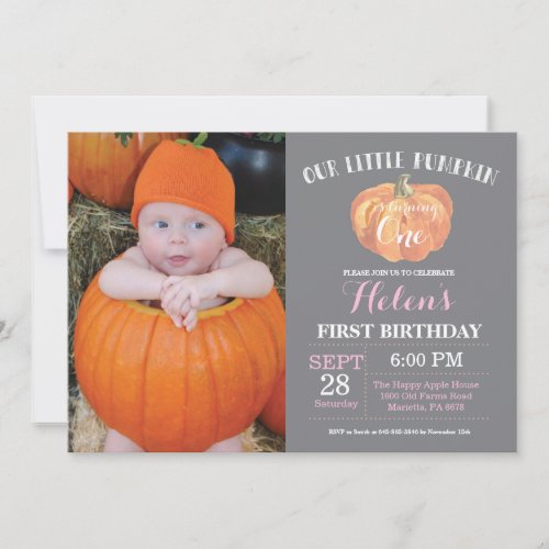 Pumpkin First Birthday Invitation Gray and Pink