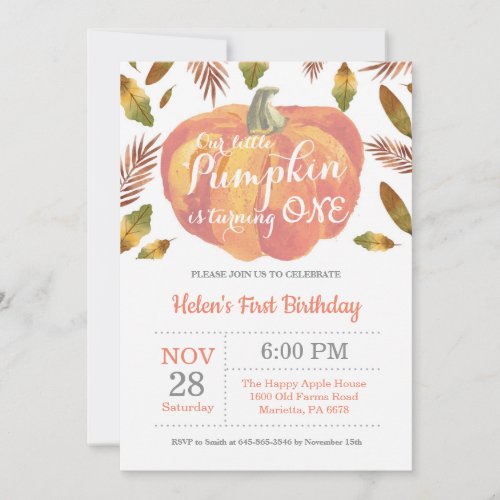 Pumpkin First Birthday Invitation Orange