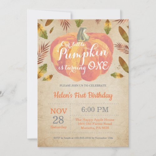 Pumpkin First Birthday Invitation Orange