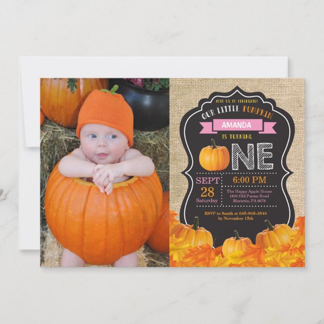 Pumpkin First Birthday Invitation Orange Burlap (Front)