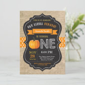 Pumpkin First Birthday Invitation Orange Burlap (Standing Front)