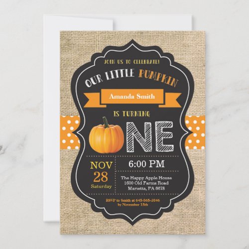 Pumpkin First Birthday Invitation Orange Burlap