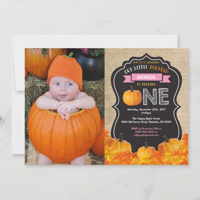 Pumpkin First Birthday Invitation Orange Burlap (Front)