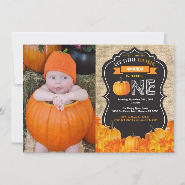 Pumpkin First Birthday Invitation Orange Burlap (Front)