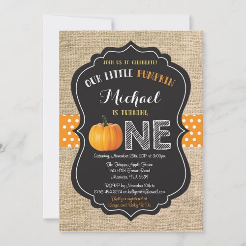 Pumpkin First Birthday Invitation Orange Burlap