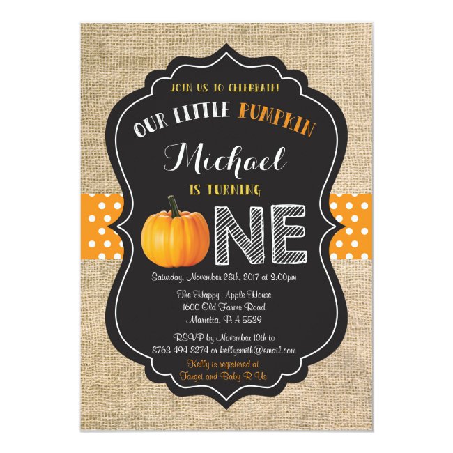 Pumpkin First Birthday Invitation Orange Burlap