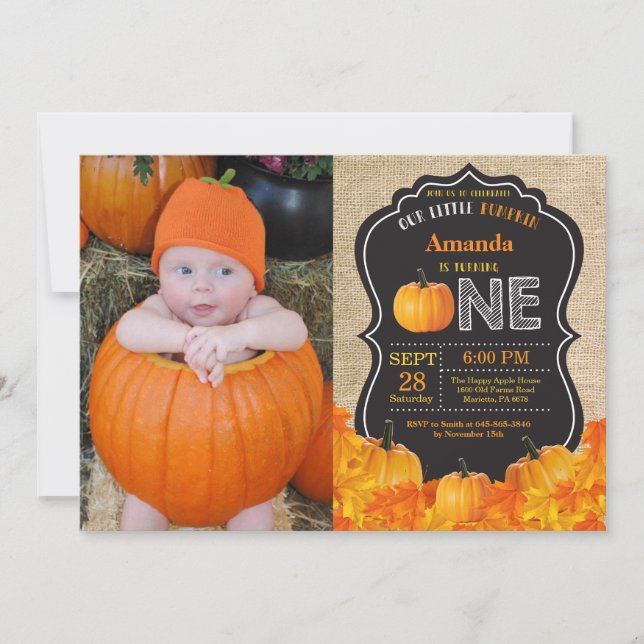 Pumpkin First Birthday Invitation Orange Burlap (Front)