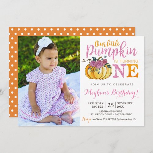 Pumpkin first birthday invitation photo card