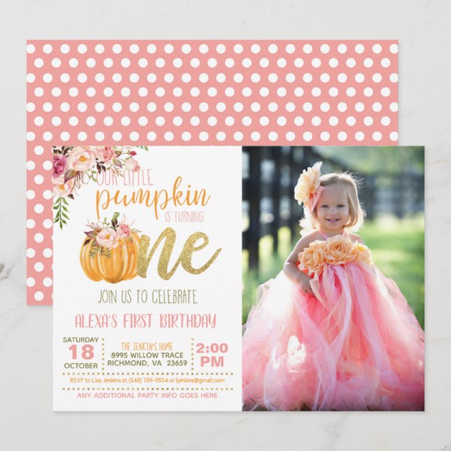 Pumpkin First Birthday Invitation Photo - FL Girl (Front/Back)