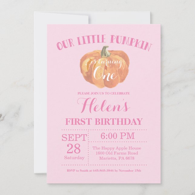 Pumpkin First Birthday Invitation Pink (Front)