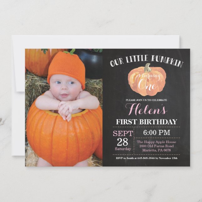 Pumpkin First Birthday Invitation Pink Chalkboard (Front)