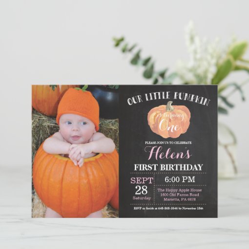 Pumpkin First Birthday Invitation Pink Chalkboard | Zazzle