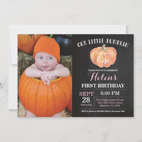 Pumpkin First Birthday Invitation Pink Chalkboard