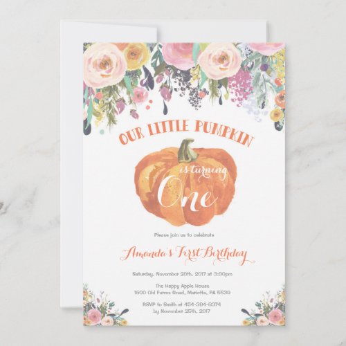 Pumpkin First Birthday Invitation Pink Floral