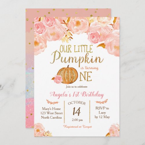 Pumpkin First Birthday Invitation Pink Peach