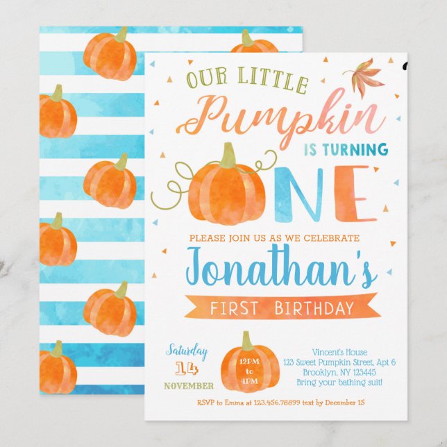 Pumpkin First Birthday Invitations for Boy 1st (Front/Back)