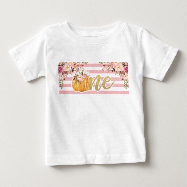 Pumpkin First Birthday ONE Shirt - Floral Stripes (Front)