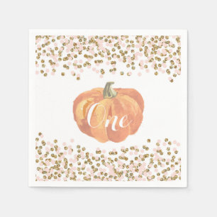 Pumpkin First Birthday Orange Pink Gold Glitter Napkins